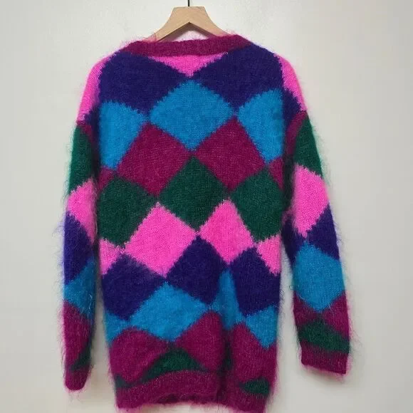 Premier Collection Petites‎ Multicolor Diamond Mohair Cardigan Sweater Sz M - Picture 4 of 8